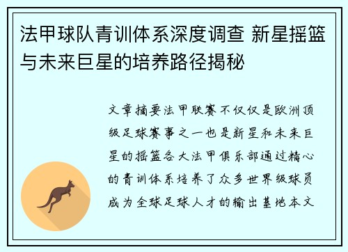 法甲球队青训体系深度调查 新星摇篮与未来巨星的培养路径揭秘
