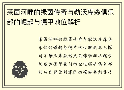 莱茵河畔的绿茵传奇与勒沃库森俱乐部的崛起与德甲地位解析