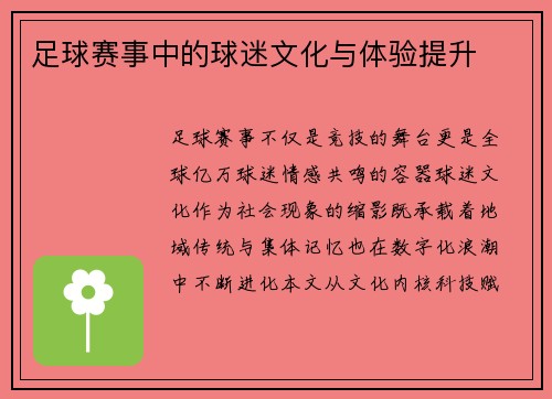 足球赛事中的球迷文化与体验提升